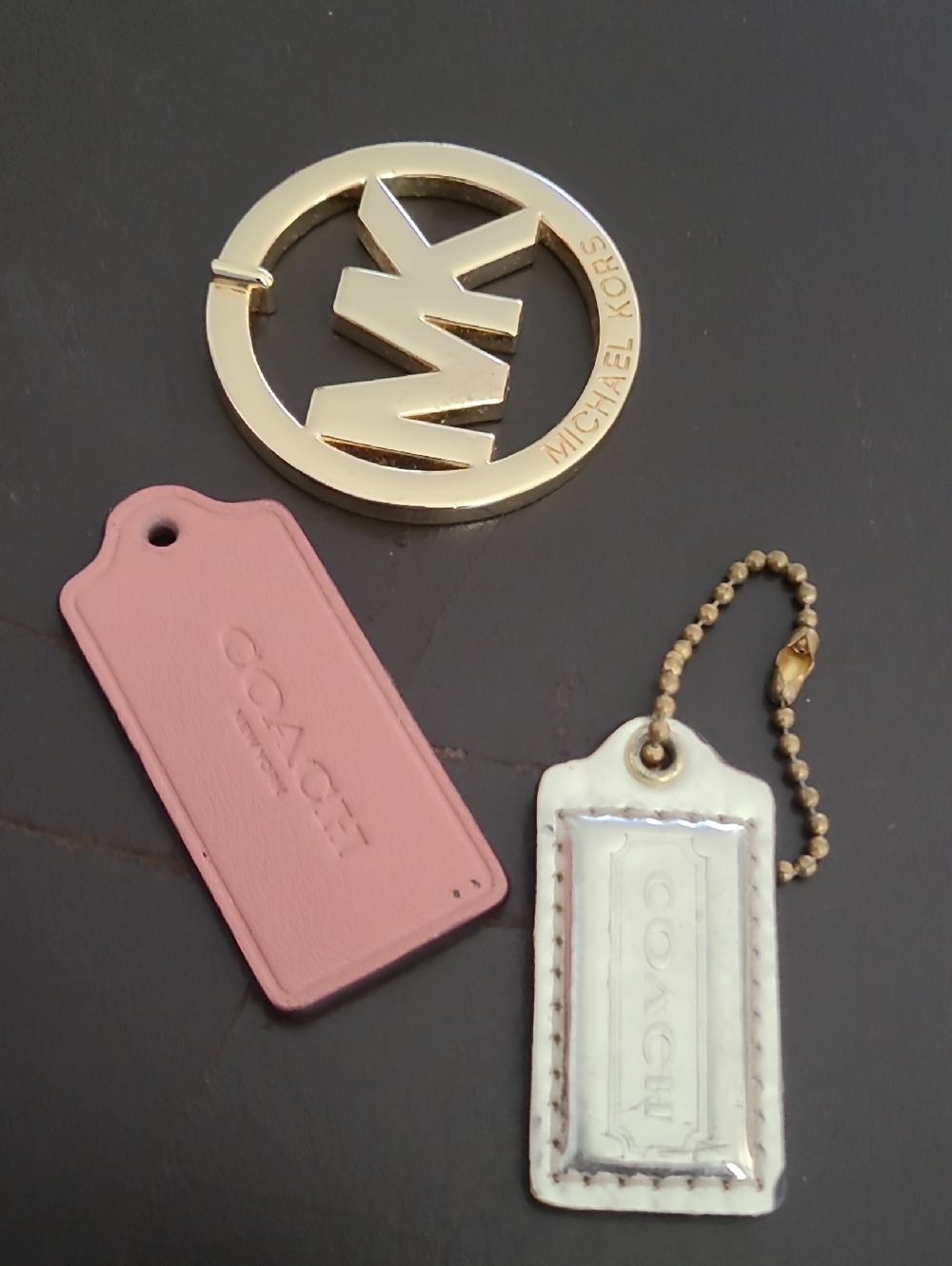 Coach Pink Leather and White Stitched Tag Keychain Set with Gold-Tone MK Charm